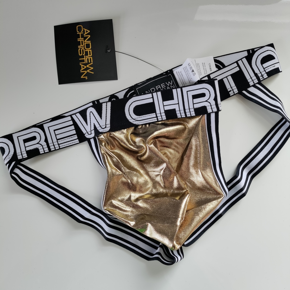 SOLD OUT Andrew Christian Jock Gold Metallic Black White Stripe Underwear Small